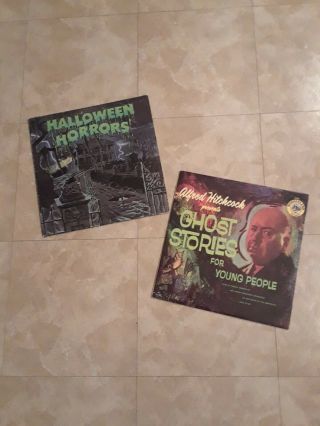 2 Vintage Halloween 1970s 33 1/3 Albums Witches & A Hitchcock Decorative Only