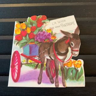 Vintage Greeting Card Birthday Rust Craft Flower Cart Donkey