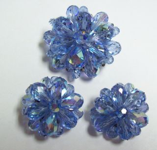 Stunning Vintage Baby Blue Crystal Cluster Pin Brooch & Earrings