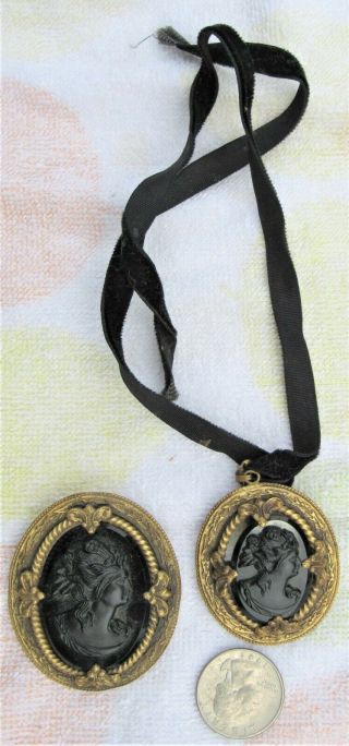 Large Antique Victorian Mourning Revival Black Glass Cameo Brooch & Pendant Set