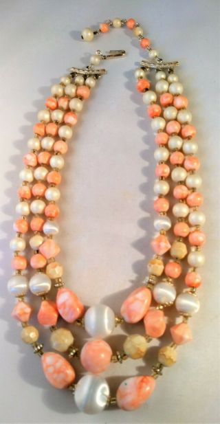 Vintage Japan 3 Strand Bead Necklace Coral Peach Pink Cream 1950s Costume Dress