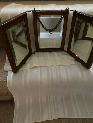 Antique Victorian Tri - Fold Vanity Shaving Mirror Wood Frame Beveled