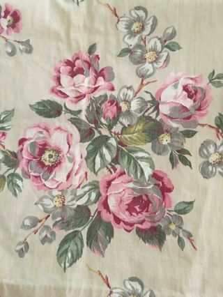 Vintage Pink & Red Roses Barkcloth 3 Panel Drapes 1930s