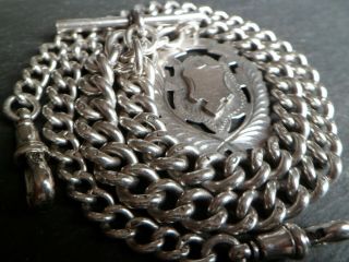58g 112 Year Old Chunky Solid Silver Double Albert Pocket Watch Chain And Fob