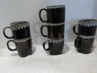 Vintage Mid Century Set of 7 Brown Drip Ceramic Stacking Coffee Mugs Cups 2