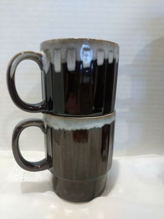 Vintage Mid Century Set of 7 Brown Drip Ceramic Stacking Coffee Mugs Cups 3