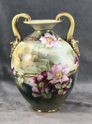 Antique Nippon Maple Leaf Stamp Hand Painted Two Handle Vase C 1891 - 1911