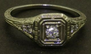 Antique 18k White Gold 0.  35ct Diamond Filigree Wedding Engagement Ring Size 7.  25