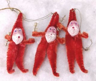 Three Vtg 1930s Clay Face Chenille Santa Miniature Xmas Ornaments W/ Visca Trees