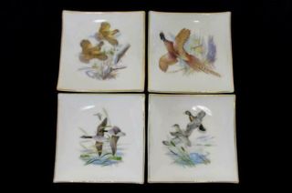Set Of 4 Vintage Ceramic Bird Coasters Square Gold Gilt Edges Made In Japan