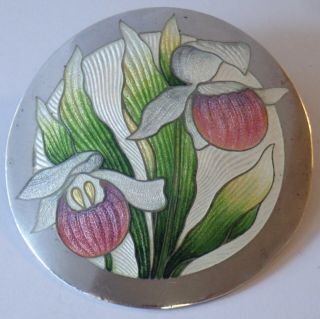Big Antique Art Nouveau Sterling Silver Guilloche Enamel Iris Flower Brooch