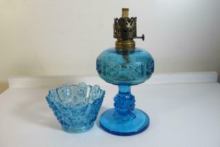 Antique Us Glass Co.  Eapg Miniature Stand Oil Lamp Blue Stars & Bars