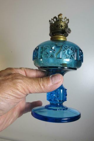 ANTIQUE US GLASS CO.  EAPG MINIATURE STAND OIL LAMP BLUE STARS & BARS 2