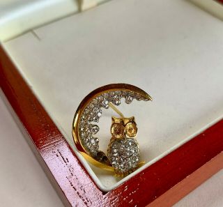 Vintage Signed A&s (attwood & Sawyer) Clear Crystal Owl/moon Brooch/pin