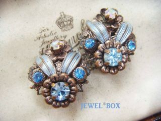 Vintage Czech Filigree Blue Enamel Rhinestone Paste Earrings