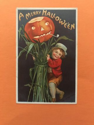 Vintage Clapsaddle A Merry Halloween Postcard - Series 978 - Boy With Jol Stalk
