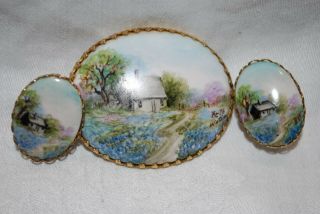 Vintage - Hand Painted Porcelain - Pin/brooch With Clip Earrings