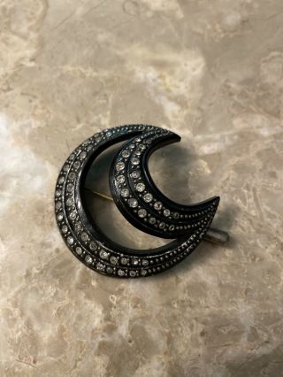 Vintage Bakelite Carved Black Half Moon Marquise Brooch Pin With Rhinestones