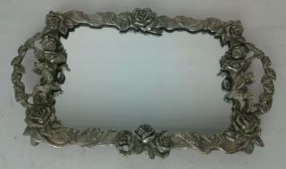 Vintage Antique French Art Cherubs And Roses Pewter Mirror Centrepiece Tray 12 "