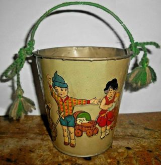 Antique Embossed Tin Litho Sand Pail With Playing Children Mkd.  Made In Germany
