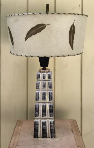 Atomic,  Mid Century Modern Ceramic Lamp With Leaf Fiberglass Shade