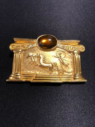 Vintage Brooch Pin - Jj (jonette Jewelry) Gold Chariot W/gladiator & Horses/citrine