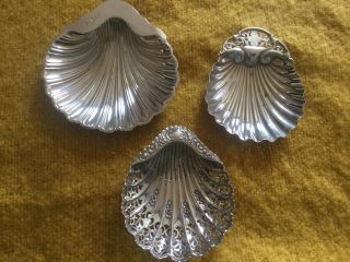 3 Antique Silver Oyster Dishes 1896,  1897,  1902.