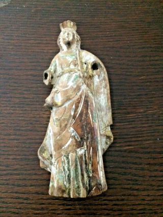 Antique Hand Carved Wooden Statue Of The Virgin Mary Flowing Robes @7 1/2 " X 3 "
