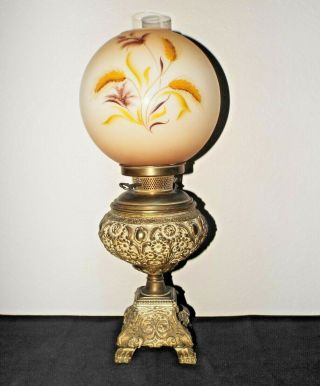 Gwtw Unique 3 - Way Antique Globed Milk - Glass & Ornate Brass Metal Hurricane Lamp