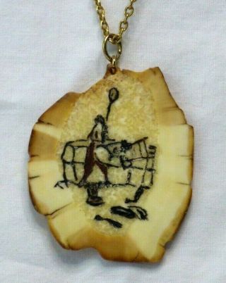 Unusual Vintage Gold Tone Chain Necklace With Etched Man & Tools Stone Pendant