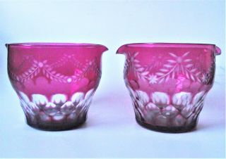 Antique Pair Cranberry Cut Clear Crystal Glass Wine Rinser Cased Overlay