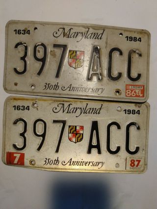 Vintage 350th Anniversary Maryland License Plates Matching Pair