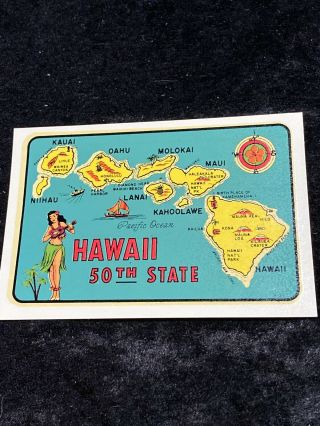 Vintage Hawaii State Map Souvenir Travel Water Decal Hula Girl Pin Up