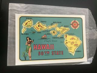 VINTAGE HAWAII STATE MAP SOUVENIR TRAVEL WATER DECAL HULA GIRL PIN UP 2