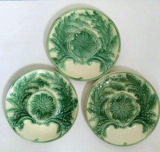 Antique French Faience De Gien Majolica Artichoke Plates 19th Century Set Of 3