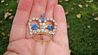Vintage Rhinestone Crown Brooch Pin Gold Tone Sapphire Blue