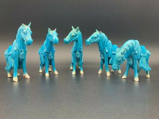 Antique Five/5 Chinese Porcelain Turquoise Glazed Tang Worrier Horses Figurines