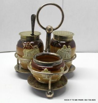 Antique Royal Doulton Country Hunting Stoneware 3 Piece Cruet Set W/silver Stand