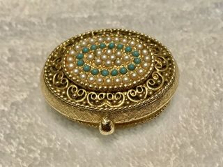 Vintage Gold Tone Pill Box With Faux Pearls And Turquoise?