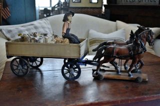 Two Antique German Horses On Wheels With Wagon
