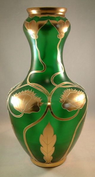 Large Matte Green Art Glass Vase With Enamel Art Nouveau Floral Motif C.  1900