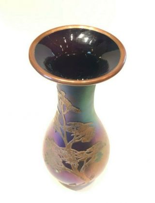 Antique Loetz Iridescent Art Glass Vase w Copper Foliage Overlay & Rims 7 