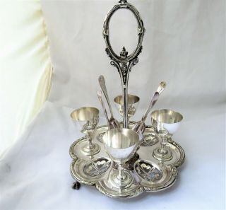 Tall Victorian Silver Plated Egg Cruet / Egg Cup Stand Pierced Design
