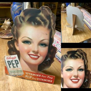 Vtg 1940’ Kellogg’s Pep Cereal Counter Top Display Sign W/glamour Girl.  1940’