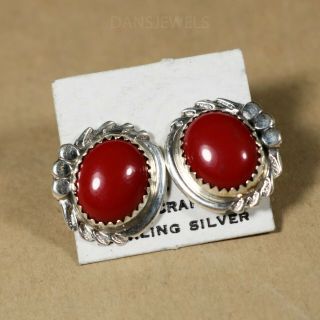 Navajo Old Pawn Vintage Red Synthetic Coral Sterling Post Stud Earrings