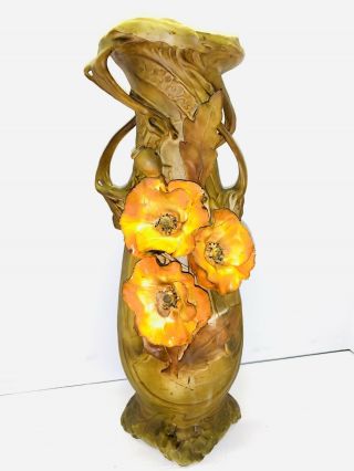Antique Austrian Amphora Art Nouveau Vase Applied Flowers And Leaves 19” Tall