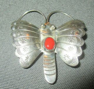 Butterfly Pin Coral Accent Vintage Native American By L Navajo