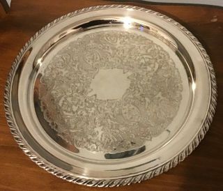 Vintage - 12.  25 " Round - Etched Silver Plate - Serving Tray Platter