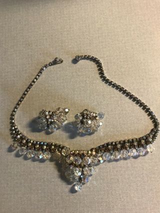 161/2” Vintage Crystal Necklace And Clip Earrings.  Very Elegant.