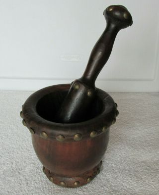Vintage Mortar And Pestle - Wood - Studded - Gothic - Halloween - Rustic